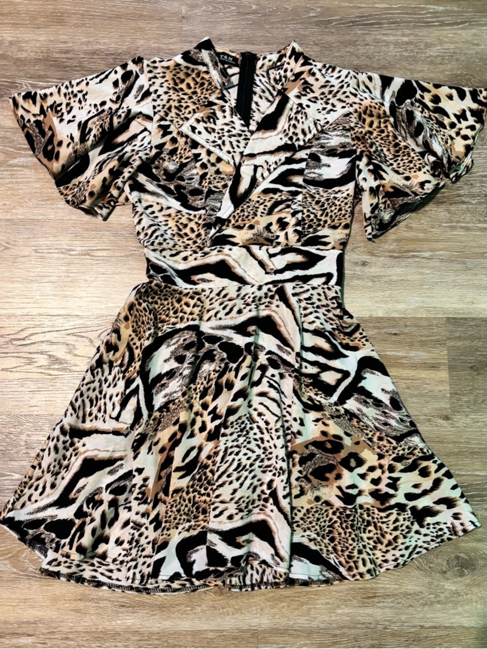 Animal Print Flutter-Sleeve Dress in Brown and Black